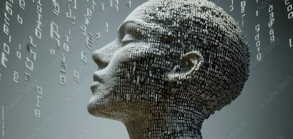 Poster human figure made of binary code with abstract background representing technology, digital transform