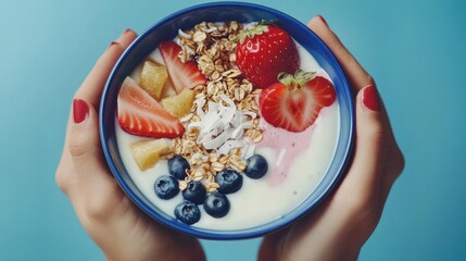 Eating smoothies breakfast bowl. Yogurt, strawberry, blueberry, seeds, coconut, fresh and dry fruits in blue ceramic bowl in woman' s hands. Clean eating, dieting, detox, vegetarian food concept