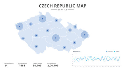 Service centers are highlighted within the of Czech Republic Infographic map. Business Infographic Map of Czech Republic. Vector Map of a Czech Republic map. Easy to edit