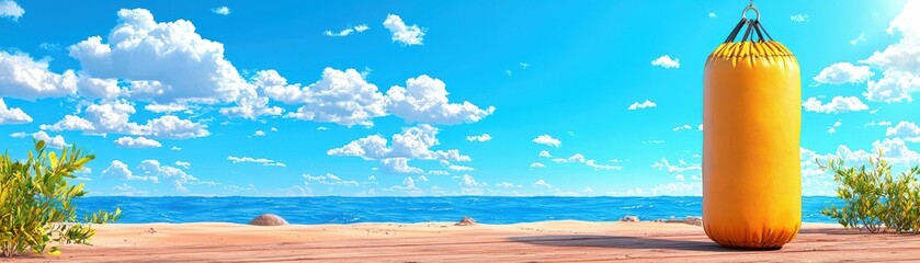 Fototapeta premium Bright punching bag by the calm ocean shore.