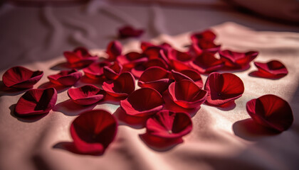 Scattered red rose petals on soft satin fabric with warm sunlight