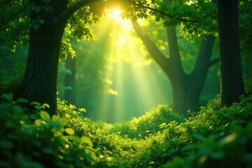 Fototapeta premium Twinkling light filters through dense foliage, greenery, winding, sunlight