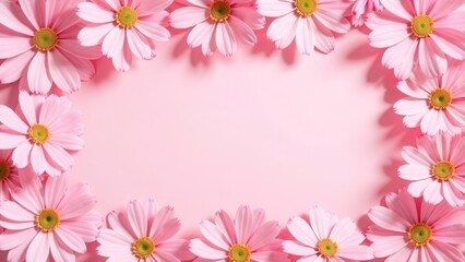Floral frame with bright pink daisies on a soft pink background, perfect for invitations, advertising or wallpaper. Background, screensaver, banner, place for text. Holidays, Valentine's Day, Internat