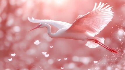White heron flying with pink overlay and bokeh effect