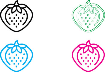 Minimalist strawberry icons, simple line drawings, four color variations, black white green blue pink, clean geometric shapes, outline style, playful fruit design, vector graphics, symmetrical berry i