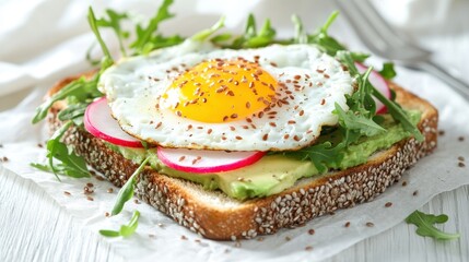 Toast with avocado, radish, egg and flax seeds. Delicious healthy Breakfast on a white wooden table. Selective focus and copy space