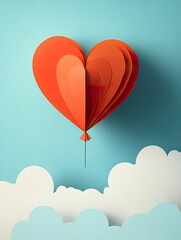 Happy Valentine's Day paper art with heart balloon in sky