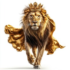 Fototapeta premium A majestic lion in motion, its royal cape billowing and crown gleaming, against a white background