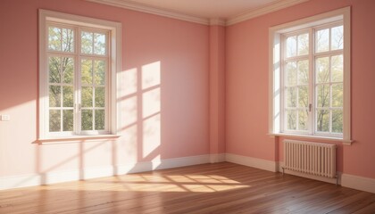 Empty pink room with a window and wooden floor in a classic interior design