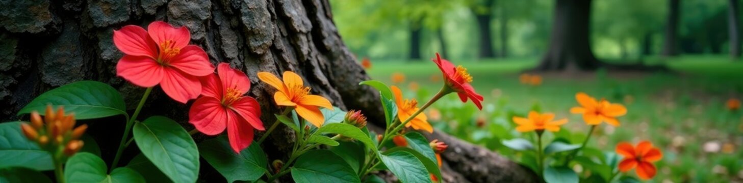 the texture and color of the jambo flowers complement the rough bark of a tree trunk, foliage, trees, complementary