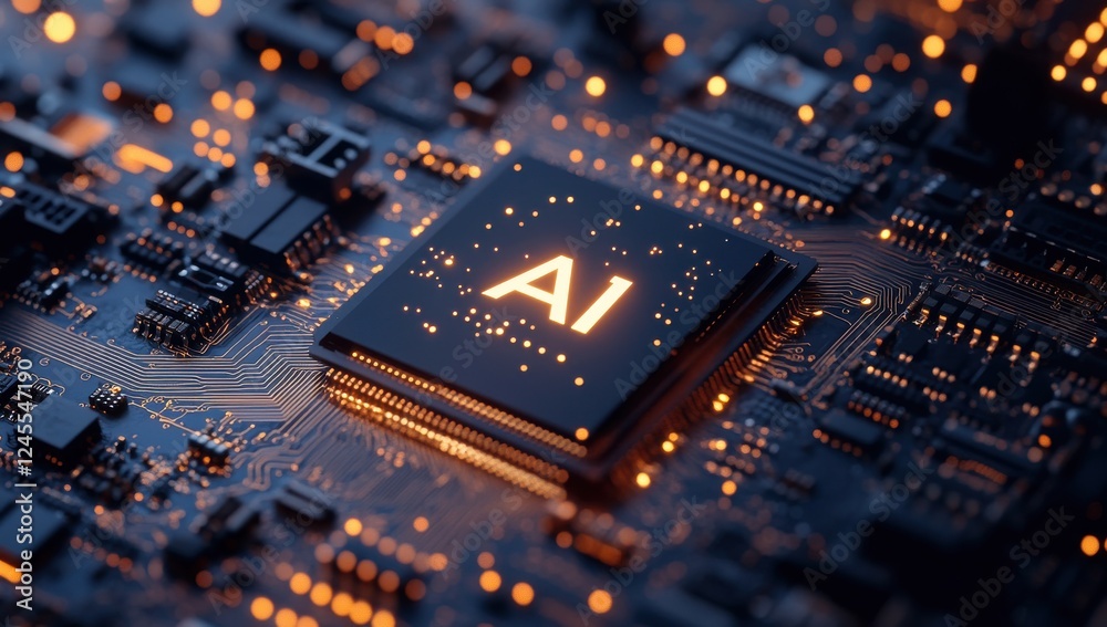 Poster modern microchip featuring the letters ai illuminated on a dark circuit board background representin
