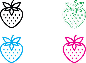Minimalist strawberry icons, simple line drawings, four color variations, black white green blue pink, clean geometric shapes, outline style, playful fruit design, vector graphics, symmetrical berry i