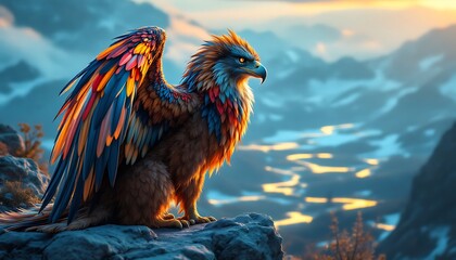 Fototapeta premium Majestic Colorful Griffin Fantasy Art Mountain Sunset