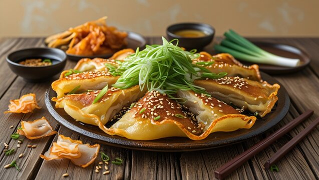 A golden Haemul Pajeon, garnished with green onions and sesame seeds, sits on a rustic table with crispy kimchi and dipping sauce, exuding a cozy, inviting atmosphere.