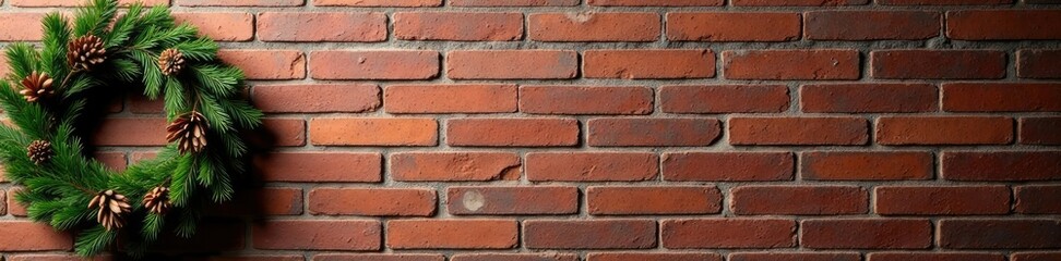 Obraz premium Textured brick wall with garlands of evergreen, Evergreen Branches, Wooden Wreath, Christmas Brick Wall Texture