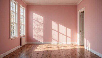 Obraz premium Empty pink room with a window and wooden floor in a classic interior design
