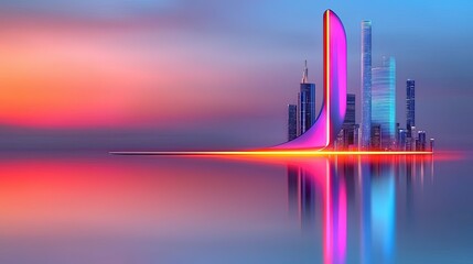 Fototapeta premium Futuristic City Skyline at Dusk with Neon-Lit Skyscrapers Reflecting on Still Waters in a Digital Artwork