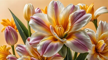 Beautiful Colorful Flowers Bouquet with Vibrant Petals and Green Leaves Isolated on a White Background