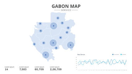 Service centers are highlighted within the of Gabon Infographic map. Business Infographic Map of Gabon. Vector Map of a Gabon map. Easy to edit