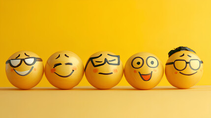 A playful image of eggs with smiley faces on a bright yellow background, creating a cheerful and humorous visual effect