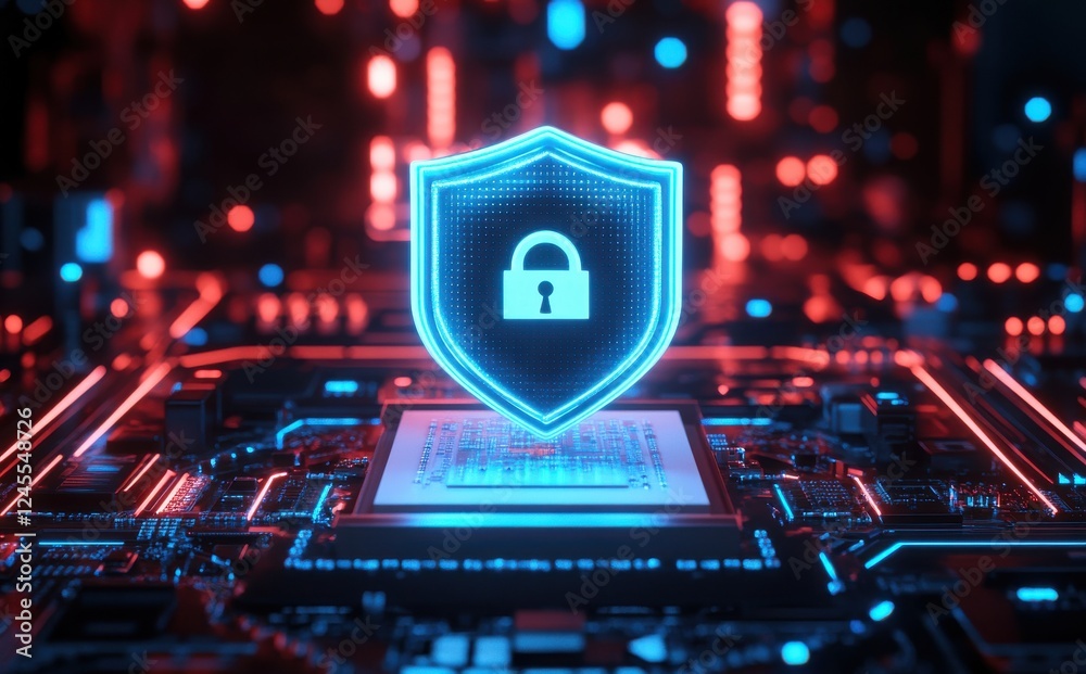 Poster secure digital shield representing cybersecurity with lock symbol on surface of circuit board in hig