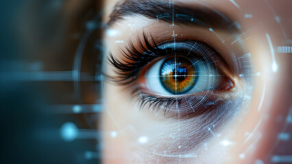 eye surgery concept, close up of female amber eye with digital augmentation in medical science lab.