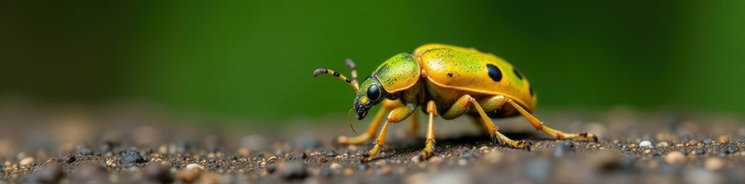 Small yellow-green beetle with gelbbindige furchenbiene halictus scabiosae body, furrowed, insect photography