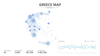 Service centers are highlighted within the of Greece Infographic map. Business Infographic Map of Greece. Vector Map of a Greece map. Easy to edit