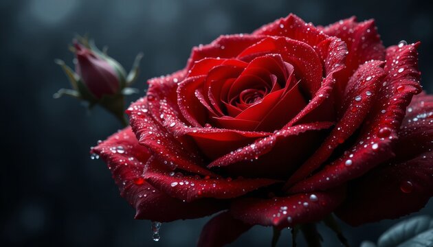 A close-up of a red pink rose with dew drops on its petals, showcasing its beauty and delicate nature