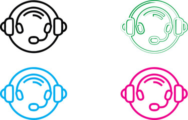 Minimalist headset icons, circular designs, thin outline style, vibrant colors, green blue pink black, customer service symbols, audio equipment logos, simplistic geometric shapes, clean vector graphi