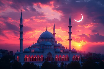 Fototapeta premium Majestic mosque silhouette beneath a vibrant sunset and rising crescent moon