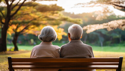 The back view of an elderly couple sitting on a park bench.