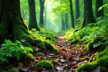 Fototapeta premium Mossy forest floor with decaying leaves and ferns, trees, greenery
