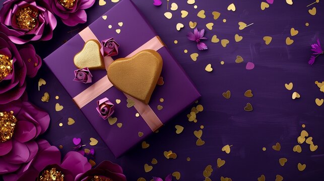 A royal purple gift box with a golden heart pillow and deep magenta paper flowers, surrounded by gold confetti on a dark purple backdrop  - Powered by Adobe