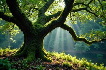 Fototapeta premium Moss covered branches of ancient evergreen tree, landscape, nature