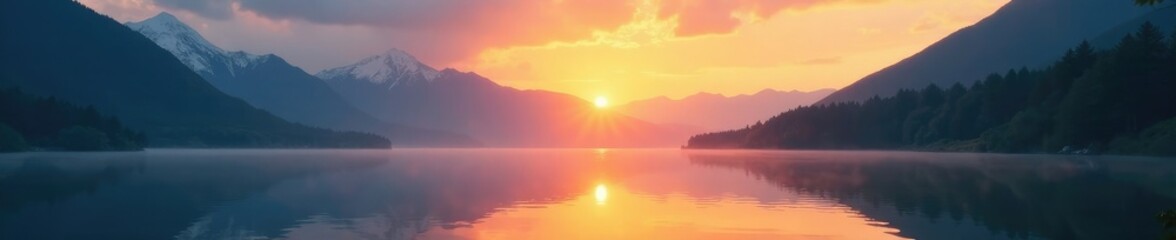 morning sun rising above misty mountains reflected in lake waters, sky, dawn