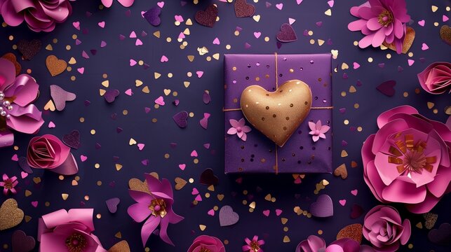 A royal purple gift box with a golden heart pillow and deep magenta paper flowers, surrounded by gold confetti on a dark purple backdrop 