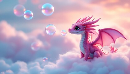 Obraz premium Adorable Pink Dragon on Clouds with Bubbles Fantasy Art