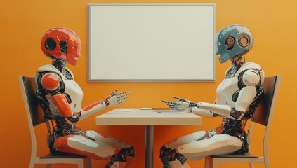 Naklejka premium Two Stylish Robots Engaged in Conversation at a Minimalist Table Against a Bright Orange Wall with Empty White Board as Background