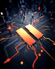 A close-up view of a circuit board featuring orange elements and two prominent memory chips, highlighting modern technology and design.