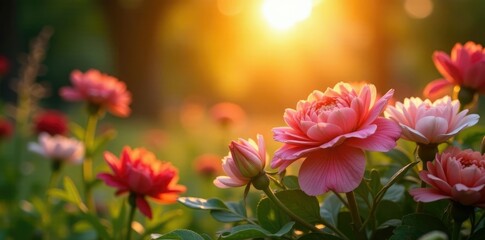 Morning sun casts a warm glow on a floral arrangement, garden, peaceful, morning sun