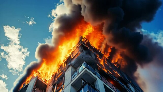 Dramatic blaze engulfing a high-rise building under a blue sky with billowing smoke and flames