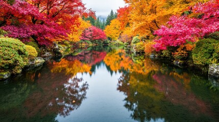 Serene Autumn Landscape with Colorful Trees Reflected in Water