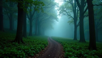 Fototapeta premium Misty forest trail winding through trees foggy, landscape, mist, nature