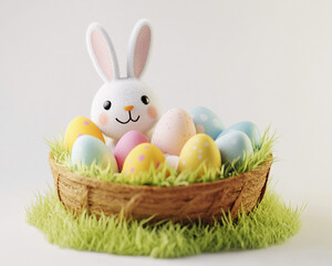 Cute white Easter bunny sitting in decorative basket, pastel eggs surrounding, cheerful springtime theme