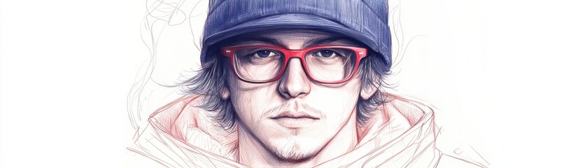 Monochromatic illustration of man wearing spectacles and a hat, stylish portrait study.
