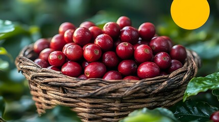 Fresh Coffee Cherries Basket in Lush Greenery under Natural Sunlight