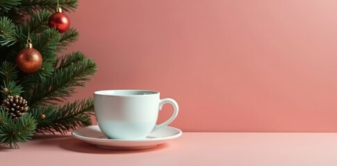 Fototapeta premium Minimalist Christmas setup with white cup of coffee and empty space, decor, modern