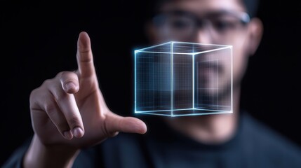 Man exploring futuristic 3d cube interface, glimpse into innovative digital technology and interactive data visualization