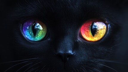 Close-up of a black cat's vibrant, iridescent eyes.